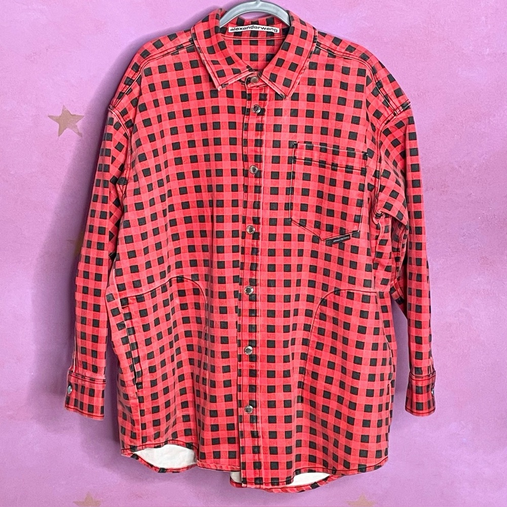 Alexander Wang Gingham Check Oversized Cotton Denim Shirt Jacket Red Black Small